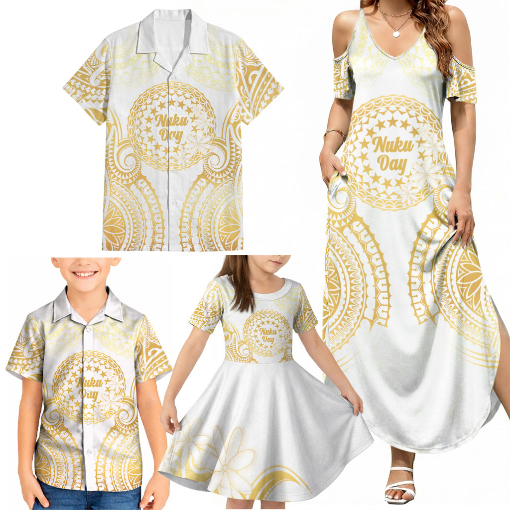 Cook Islands Gospel Day Family Matching Summer Maxi Dress and Hawaiian Shirt Happy Nuku Day Tiare Maori Gold