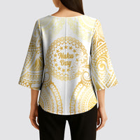 Cook Islands Gospel Day Kimono Sleeve Blouse Happy Nuku Day Tiare Maori Gold