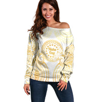 Cook Islands Gospel Day Off Shoulder Sweater Happy Nuku Day Tiare Maori Gold