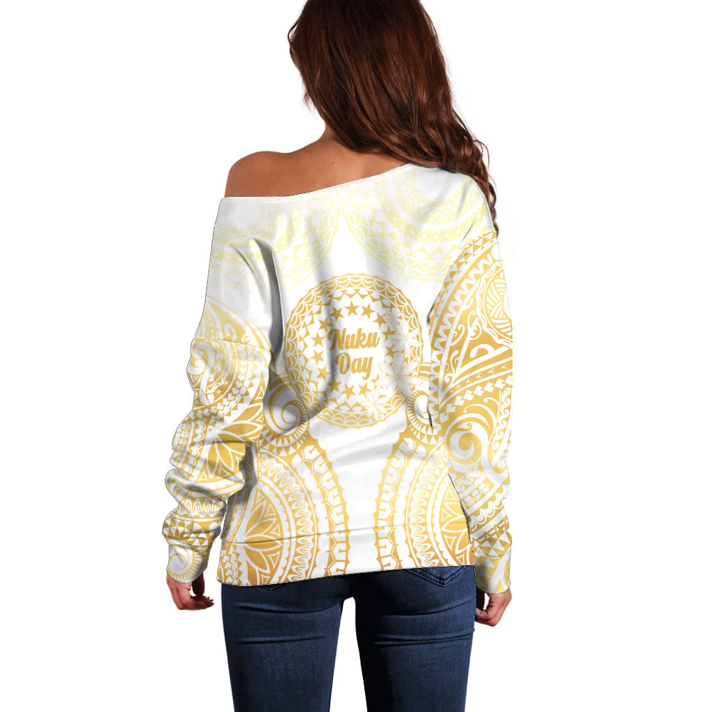 Cook Islands Gospel Day Off Shoulder Sweater Happy Nuku Day Tiare Maori Gold