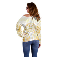 Cook Islands Gospel Day Off Shoulder Sweater Happy Nuku Day Tiare Maori Gold
