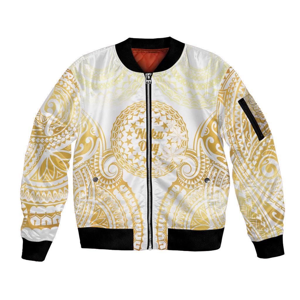 Cook Islands Gospel Day Sleeve Zip Bomber Jacket Happy Nuku Day Tiare Maori Gold LT14 Unisex Gold - Polynesian Pride