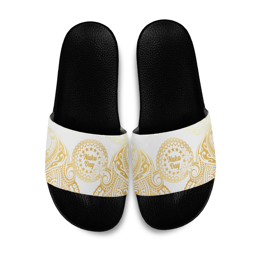Cook Islands Gospel Day Slide Sandals Happy Nuku Day Tiare Maori Gold