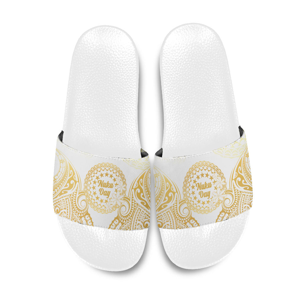 Cook Islands Gospel Day Slide Sandals Happy Nuku Day Tiare Maori Gold