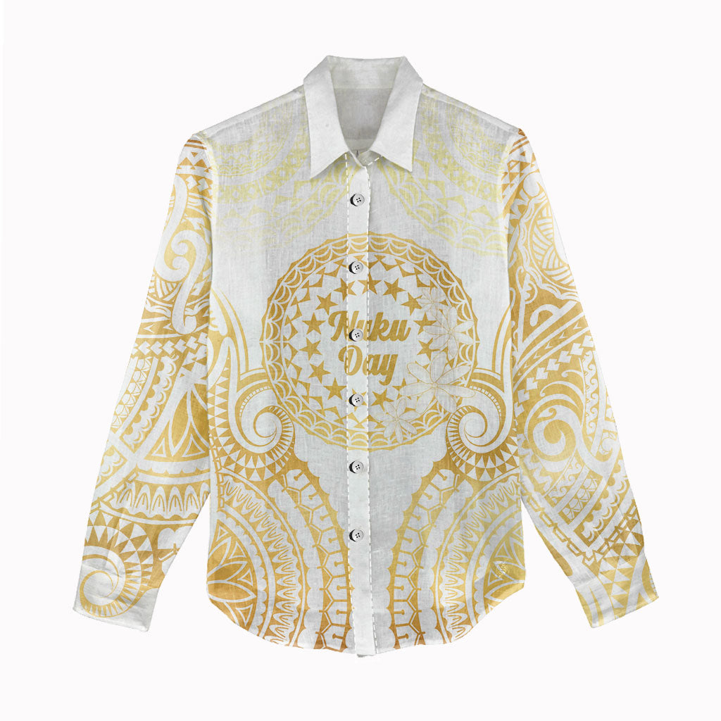 Cook Islands Gospel Day Women Casual Shirt Happy Nuku Day Tiare Maori Gold
