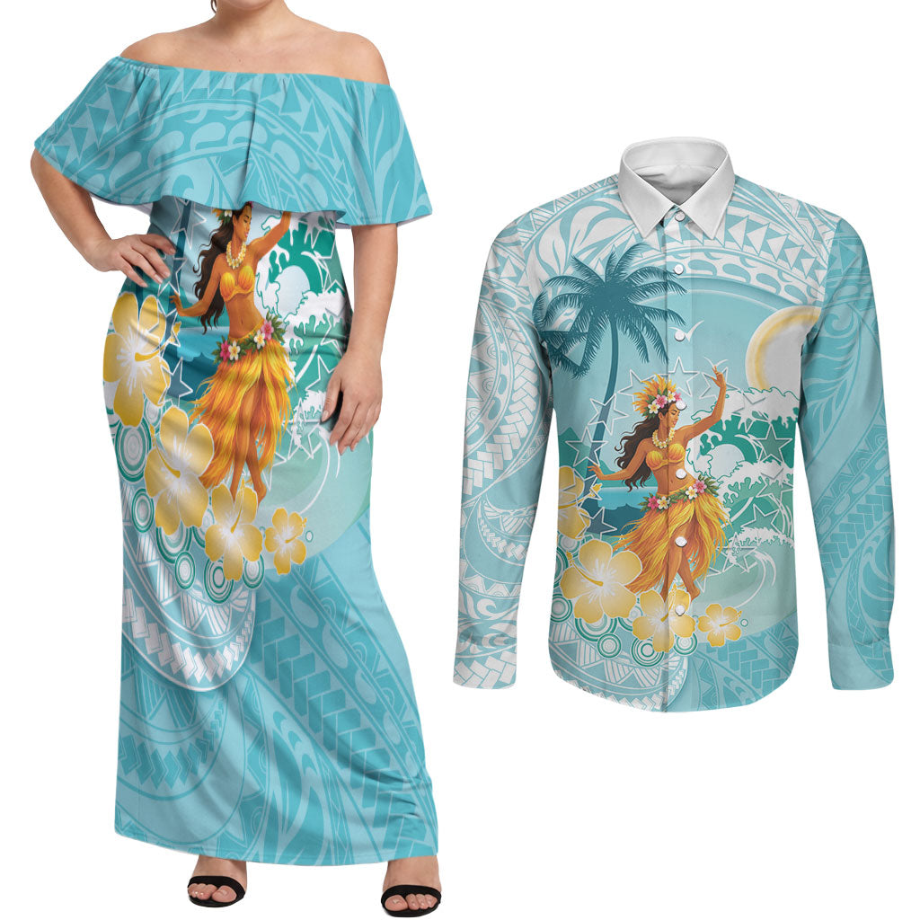 Ura Cook Islands Couples Matching Off Shoulder Maxi Dress and Long Sleeve Button Shirt Kuki 'Airani Traditional Dance Tropical Vibes