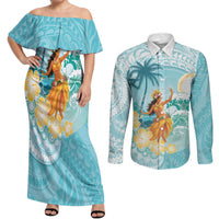 Ura Cook Islands Couples Matching Off Shoulder Maxi Dress and Long Sleeve Button Shirt Kuki 'Airani Traditional Dance Tropical Vibes