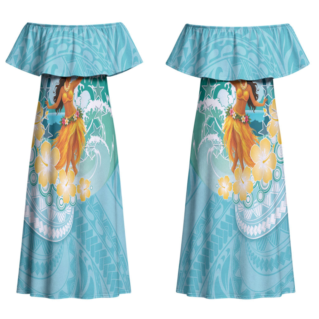 Ura Cook Islands Couples Matching Off Shoulder Maxi Dress and Long Sleeve Button Shirt Kuki 'Airani Traditional Dance Tropical Vibes