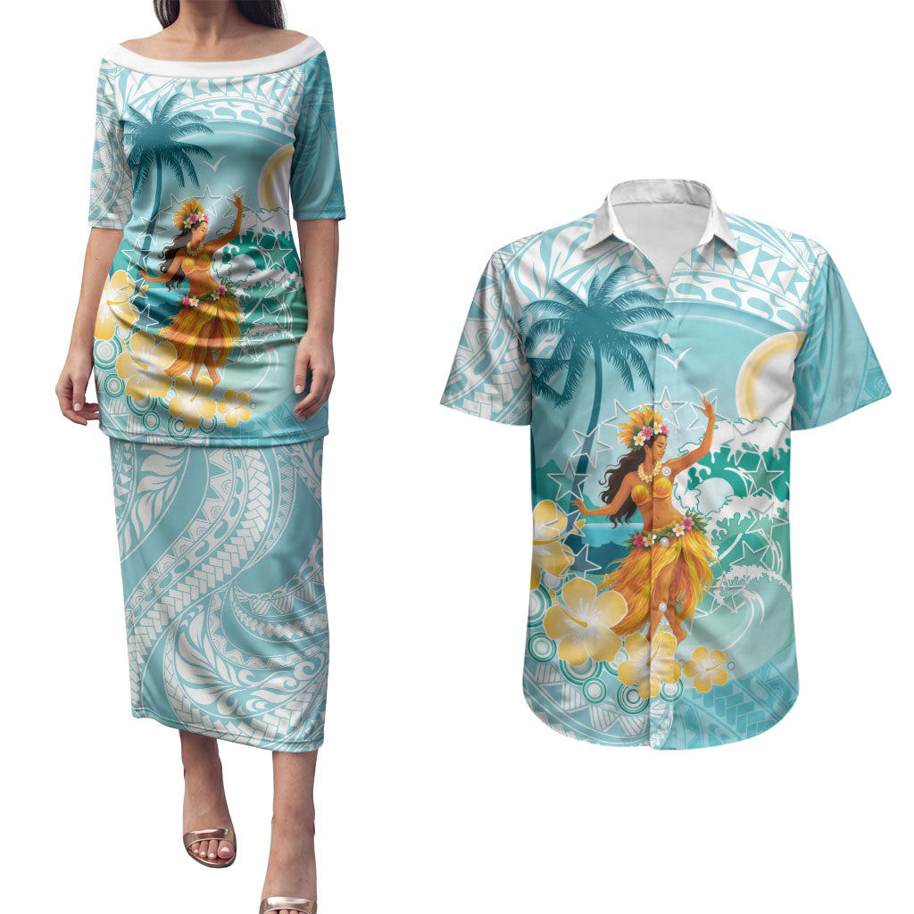 Ura Cook Islands Couples Matching Puletasi and Hawaiian Shirt Kuki 'Airani Traditional Dance Tropical Vibes