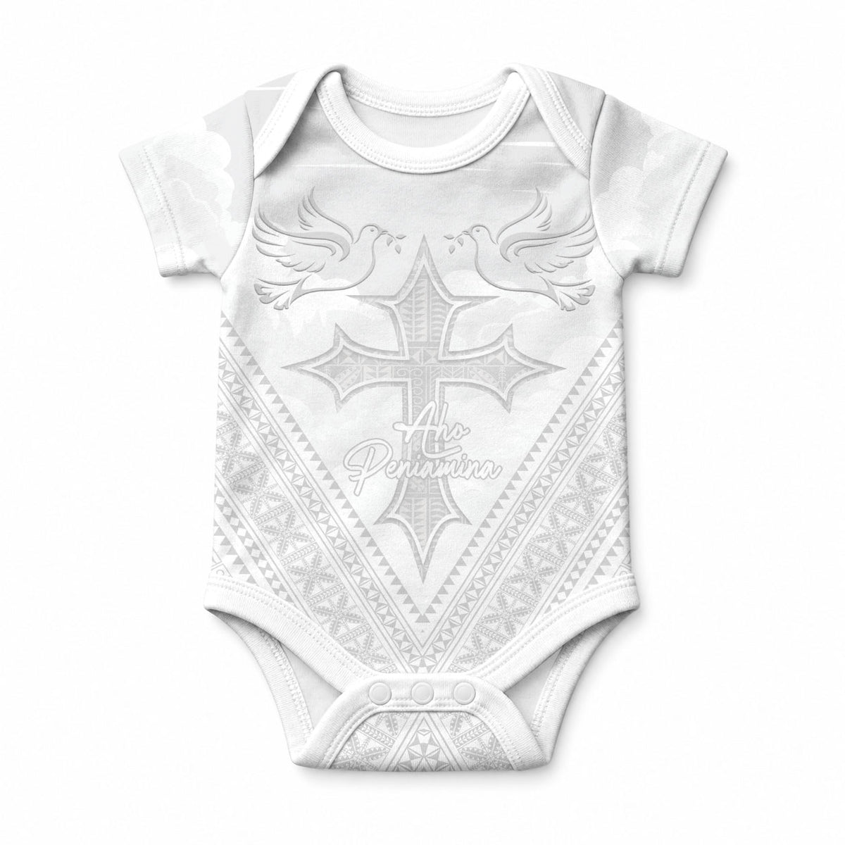 Peniamina Gospel Day Niue Baby Onesie Cross Dove Hiapo Pattern White