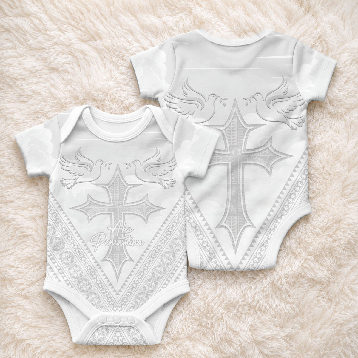 Peniamina Gospel Day Niue Baby Onesie Cross Dove Hiapo Pattern White