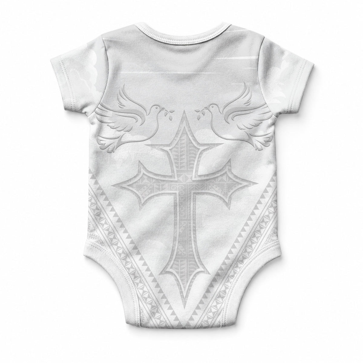 Peniamina Gospel Day Niue Baby Onesie Cross Dove Hiapo Pattern White