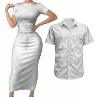 Peniamina Gospel Day Niue Couples Matching Short Sleeve Bodycon Dress and Hawaiian Shirt Cross Dove Hiapo Pattern White