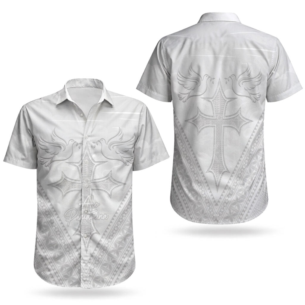 Peniamina Gospel Day Niue Couples Matching Short Sleeve Bodycon Dress and Hawaiian Shirt Cross Dove Hiapo Pattern White