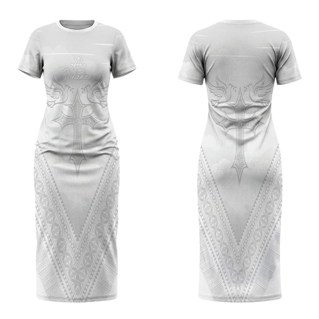 Peniamina Gospel Day Niue Couples Matching Short Sleeve Bodycon Dress and Hawaiian Shirt Cross Dove Hiapo Pattern White
