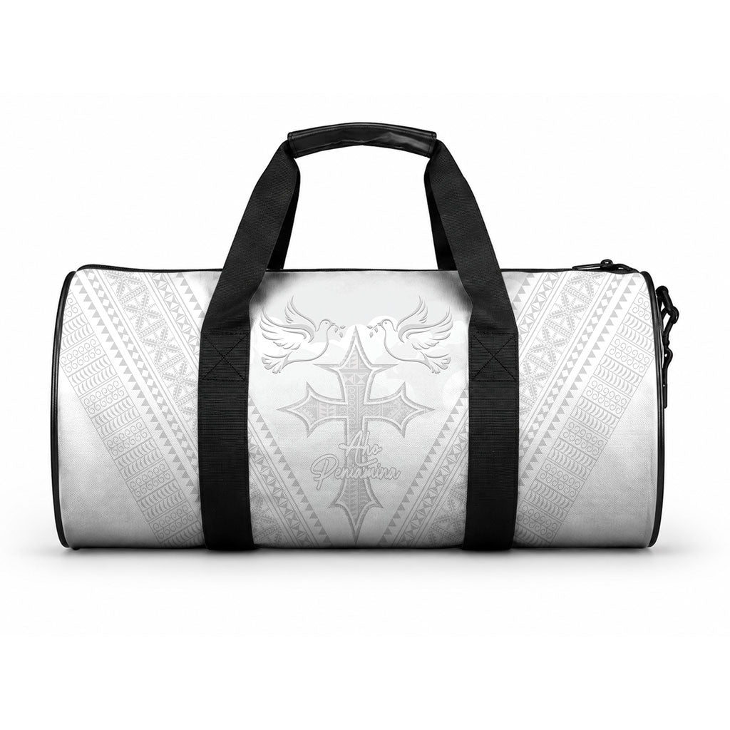 Peniamina Gospel Day Niue Duffle Bag Cross Dove Hiapo Pattern White