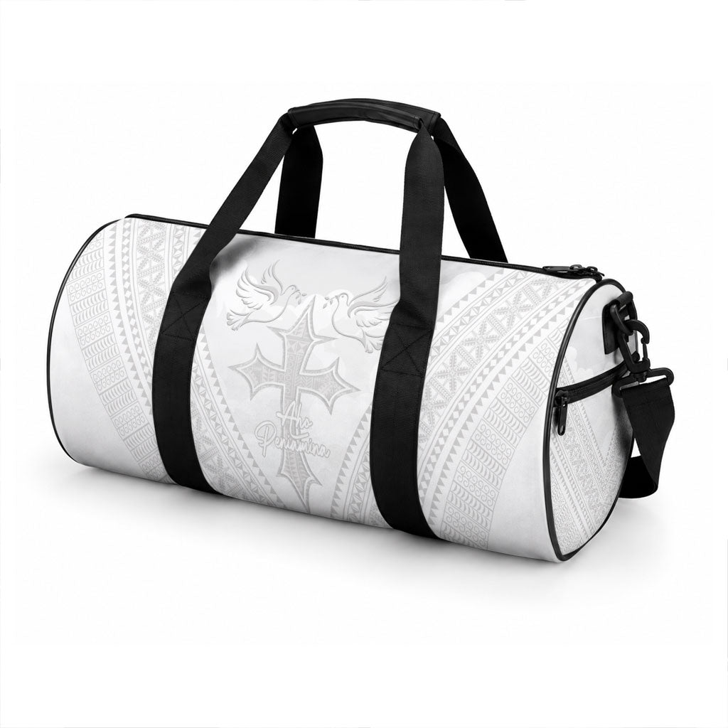 Peniamina Gospel Day Niue Duffle Bag Cross Dove Hiapo Pattern White