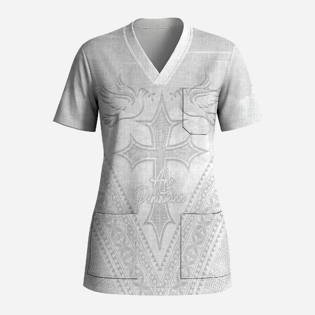 Peniamina Gospel Day Niue Scrub Top Cross Dove Hiapo Pattern White
