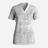 Peniamina Gospel Day Niue Scrub Top Cross Dove Hiapo Pattern White