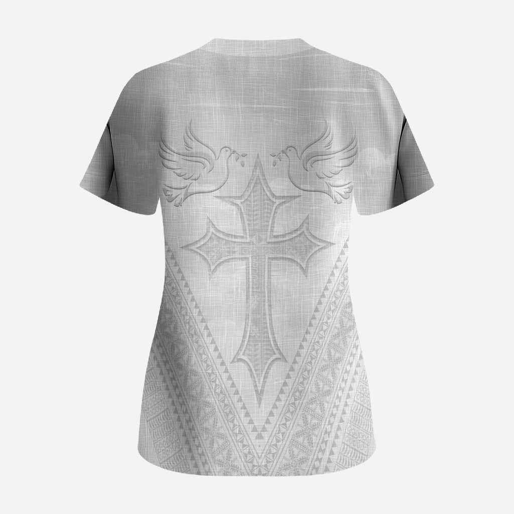 Peniamina Gospel Day Niue Scrub Top Cross Dove Hiapo Pattern White