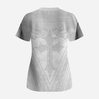Peniamina Gospel Day Niue Scrub Top Cross Dove Hiapo Pattern White