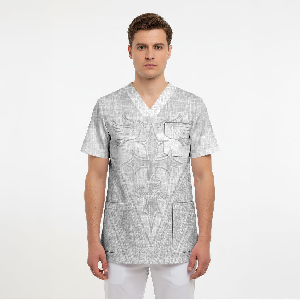 Peniamina Gospel Day Niue Scrub Top Cross Dove Hiapo Pattern White
