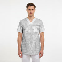 Peniamina Gospel Day Niue Scrub Top Cross Dove Hiapo Pattern White