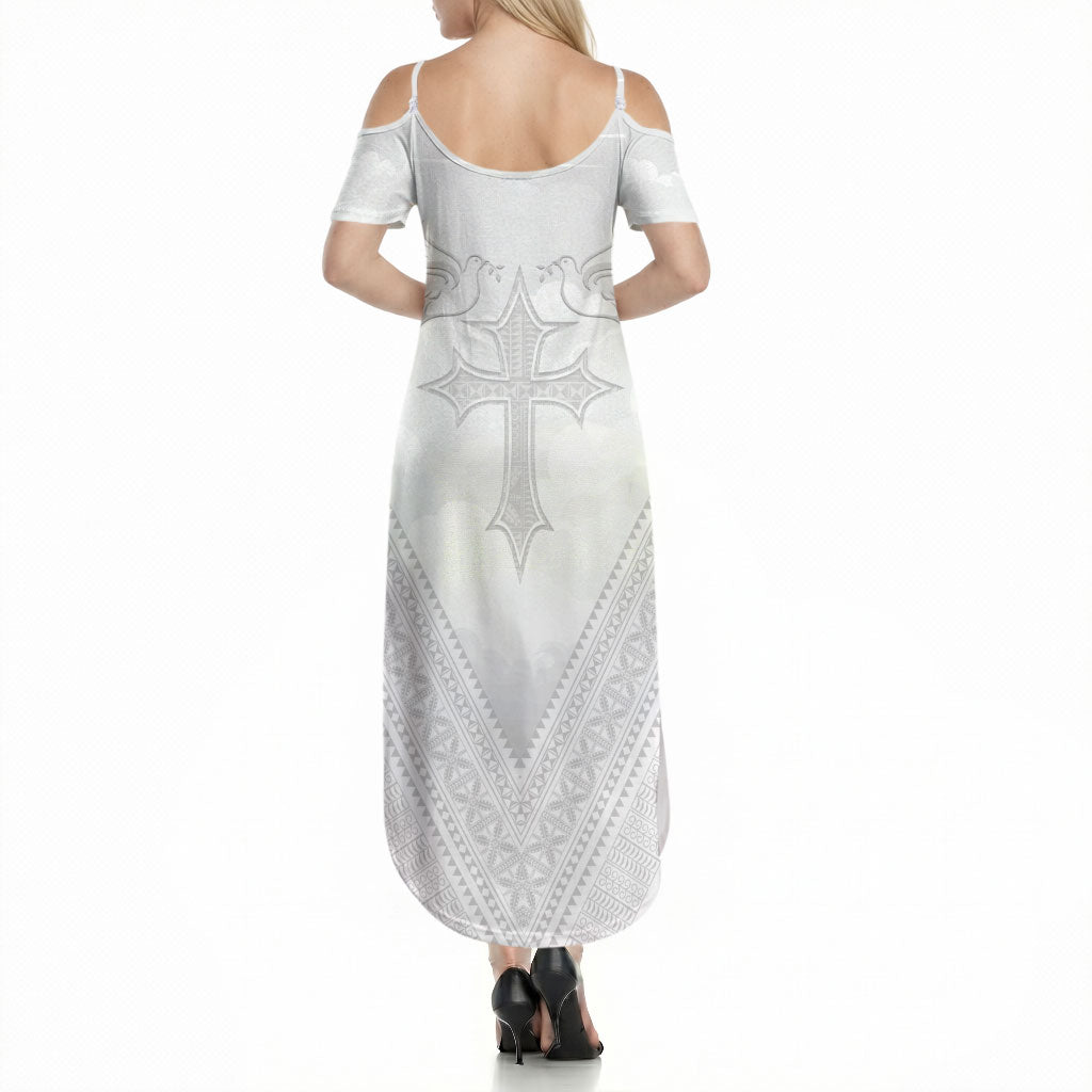 Peniamina Gospel Day Niue Summer Maxi Dress Cross Dove Hiapo Pattern White