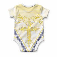 Peniamina Gospel Day Niue Baby Onesie Cross Dove Hiapo Pattern Yellow