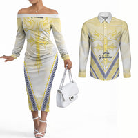 Peniamina Gospel Day Niue Couples Matching Off The Shoulder Long Sleeve Dress and Long Sleeve Button Shirt Cross Dove Hiapo Pattern Yellow