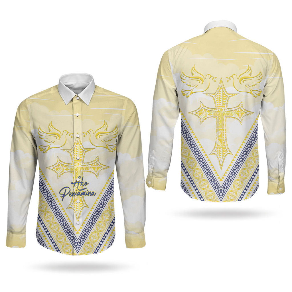 Peniamina Gospel Day Niue Couples Matching Off The Shoulder Long Sleeve Dress and Long Sleeve Button Shirt Cross Dove Hiapo Pattern Yellow