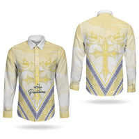 Peniamina Gospel Day Niue Couples Matching Off The Shoulder Long Sleeve Dress and Long Sleeve Button Shirt Cross Dove Hiapo Pattern Yellow