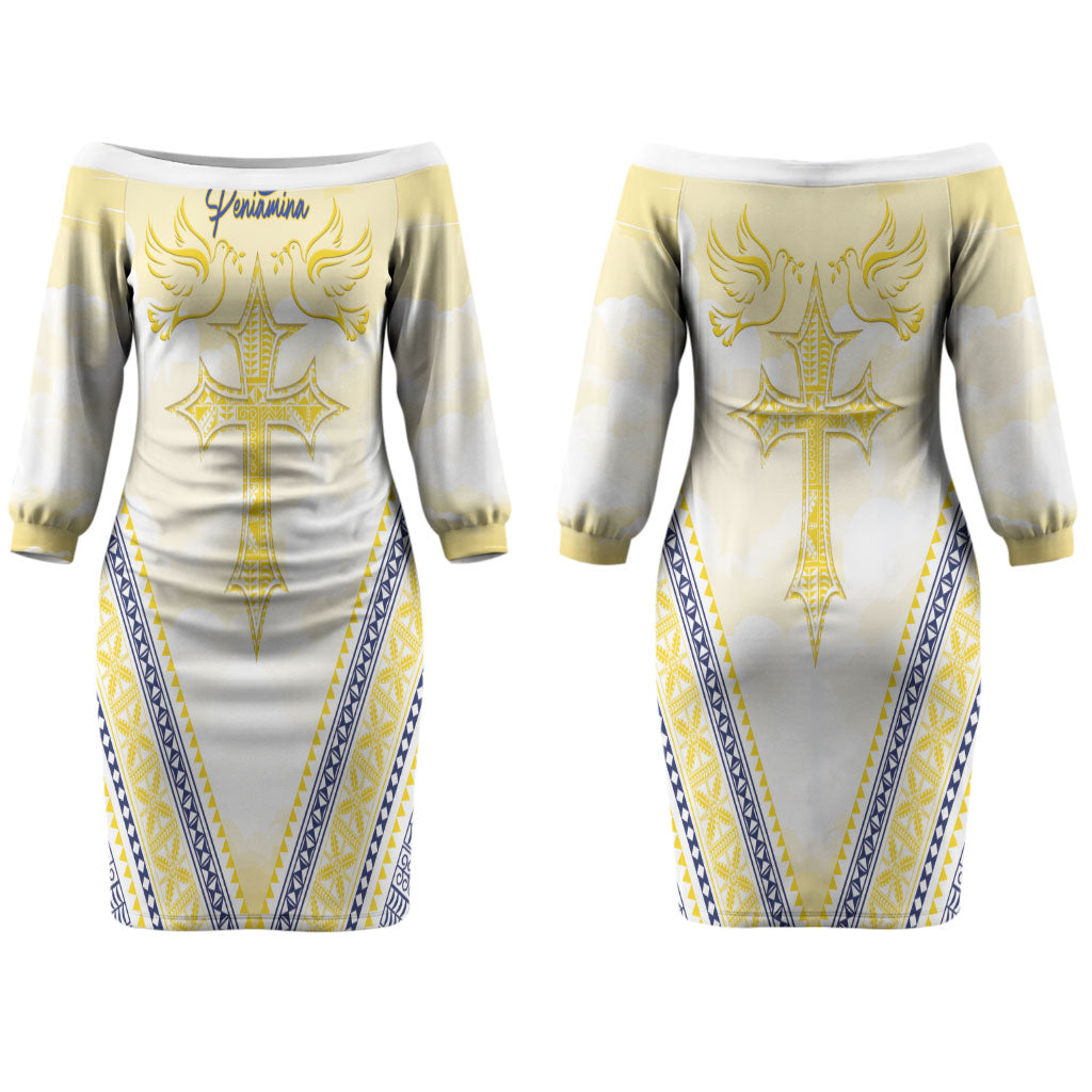 Peniamina Gospel Day Niue Couples Matching Off The Shoulder Long Sleeve Dress and Long Sleeve Button Shirt Cross Dove Hiapo Pattern Yellow