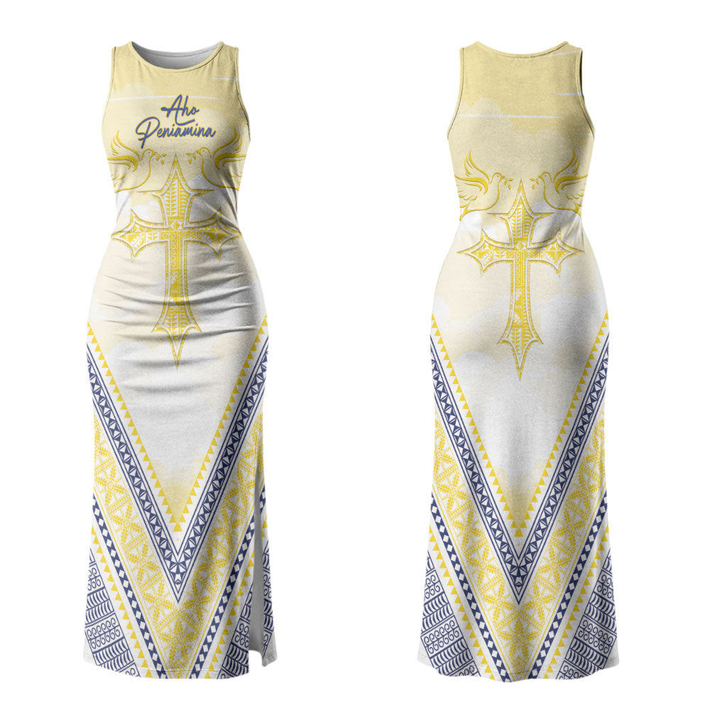 Peniamina Gospel Day Niue Couples Matching Tank Maxi Dress and Hawaiian Shirt Cross Dove Hiapo Pattern Yellow