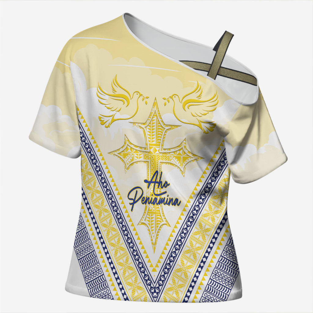 Peniamina Gospel Day Niue Cross Shoulder Shirt Cross Dove Hiapo Pattern Yellow