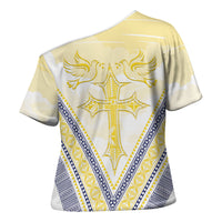 Peniamina Gospel Day Niue Cross Shoulder Shirt Cross Dove Hiapo Pattern Yellow
