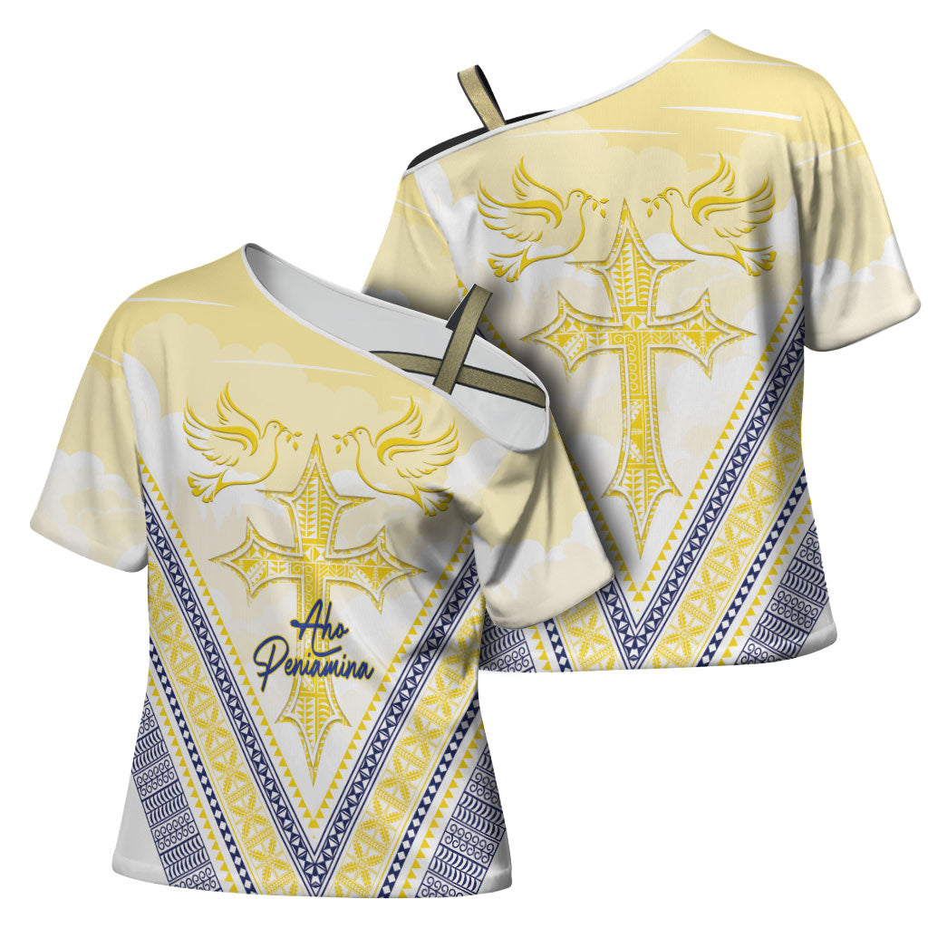 Peniamina Gospel Day Niue Cross Shoulder Shirt Cross Dove Hiapo Pattern Yellow