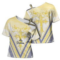 Peniamina Gospel Day Niue Cross Shoulder Shirt Cross Dove Hiapo Pattern Yellow