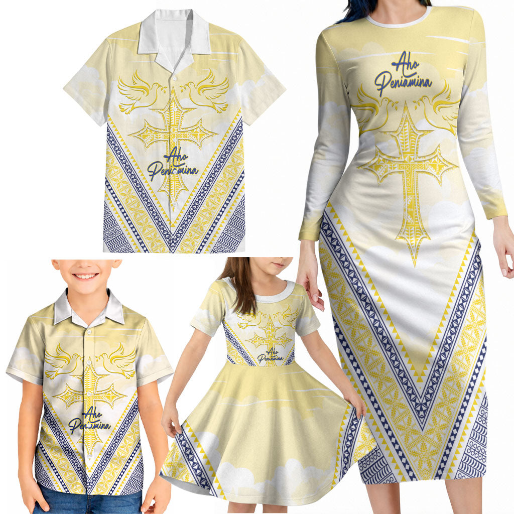 Peniamina Gospel Day Niue Family Matching Long Sleeve Bodycon Dress and Hawaiian Shirt Cross Dove Hiapo Pattern Yellow