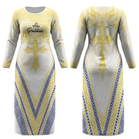 Peniamina Gospel Day Niue Family Matching Long Sleeve Bodycon Dress and Hawaiian Shirt Cross Dove Hiapo Pattern Yellow