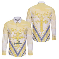 Peniamina Gospel Day Niue Family Matching Long Sleeve Bodycon Dress and Hawaiian Shirt Cross Dove Hiapo Pattern Yellow