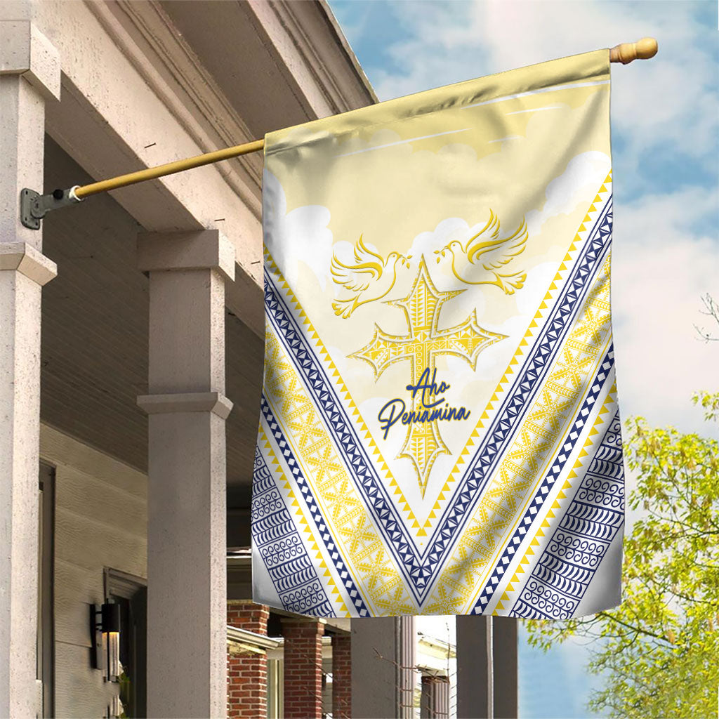 Peniamina Gospel Day Niue Garden Flag Cross Dove Hiapo Pattern Yellow