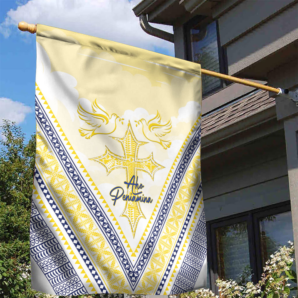 Peniamina Gospel Day Niue Garden Flag Cross Dove Hiapo Pattern Yellow
