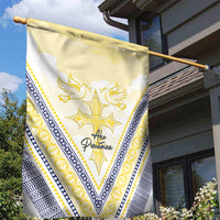 Peniamina Gospel Day Niue Garden Flag Cross Dove Hiapo Pattern Yellow