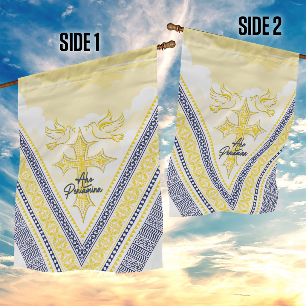 Peniamina Gospel Day Niue Garden Flag Cross Dove Hiapo Pattern Yellow