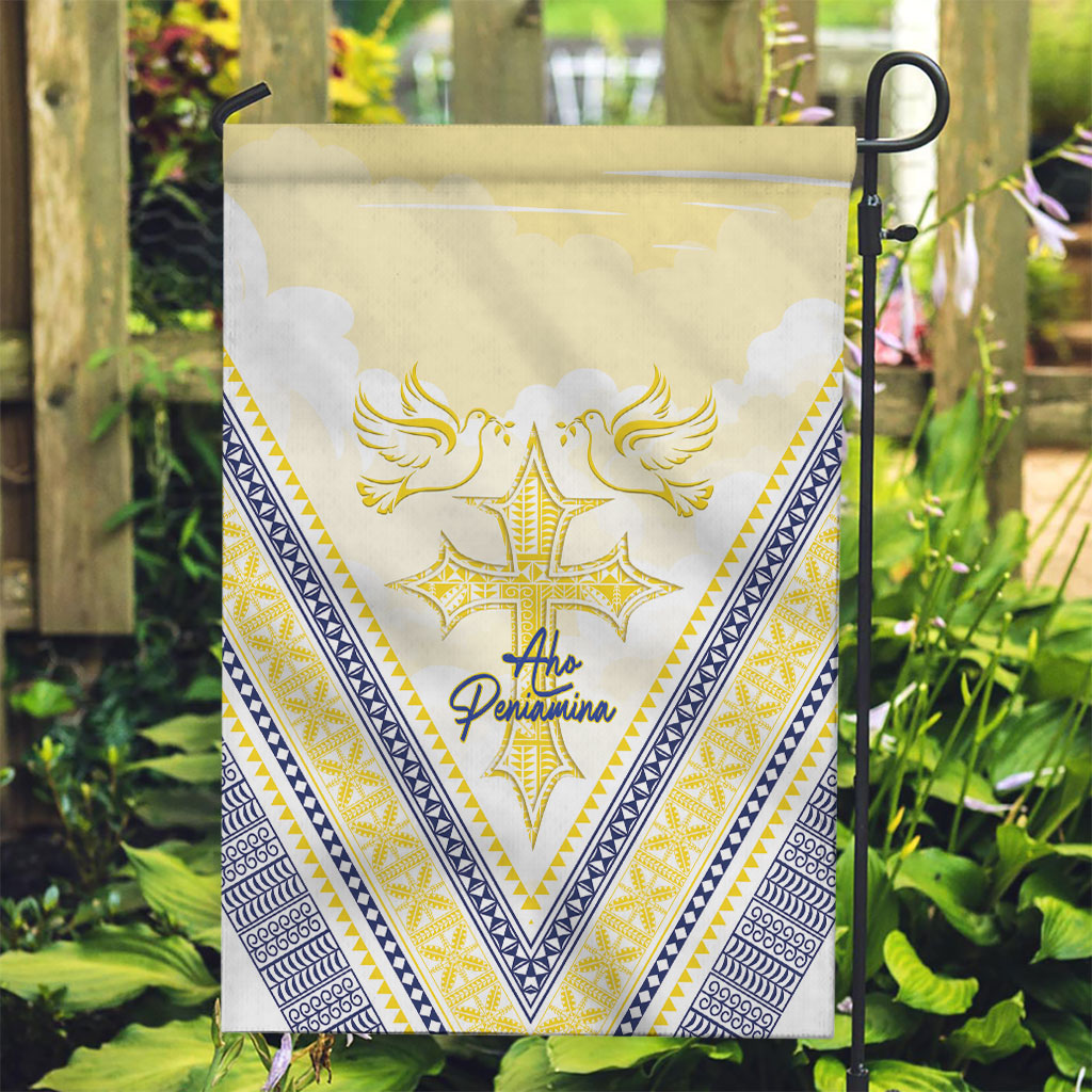 Peniamina Gospel Day Niue Garden Flag Cross Dove Hiapo Pattern Yellow