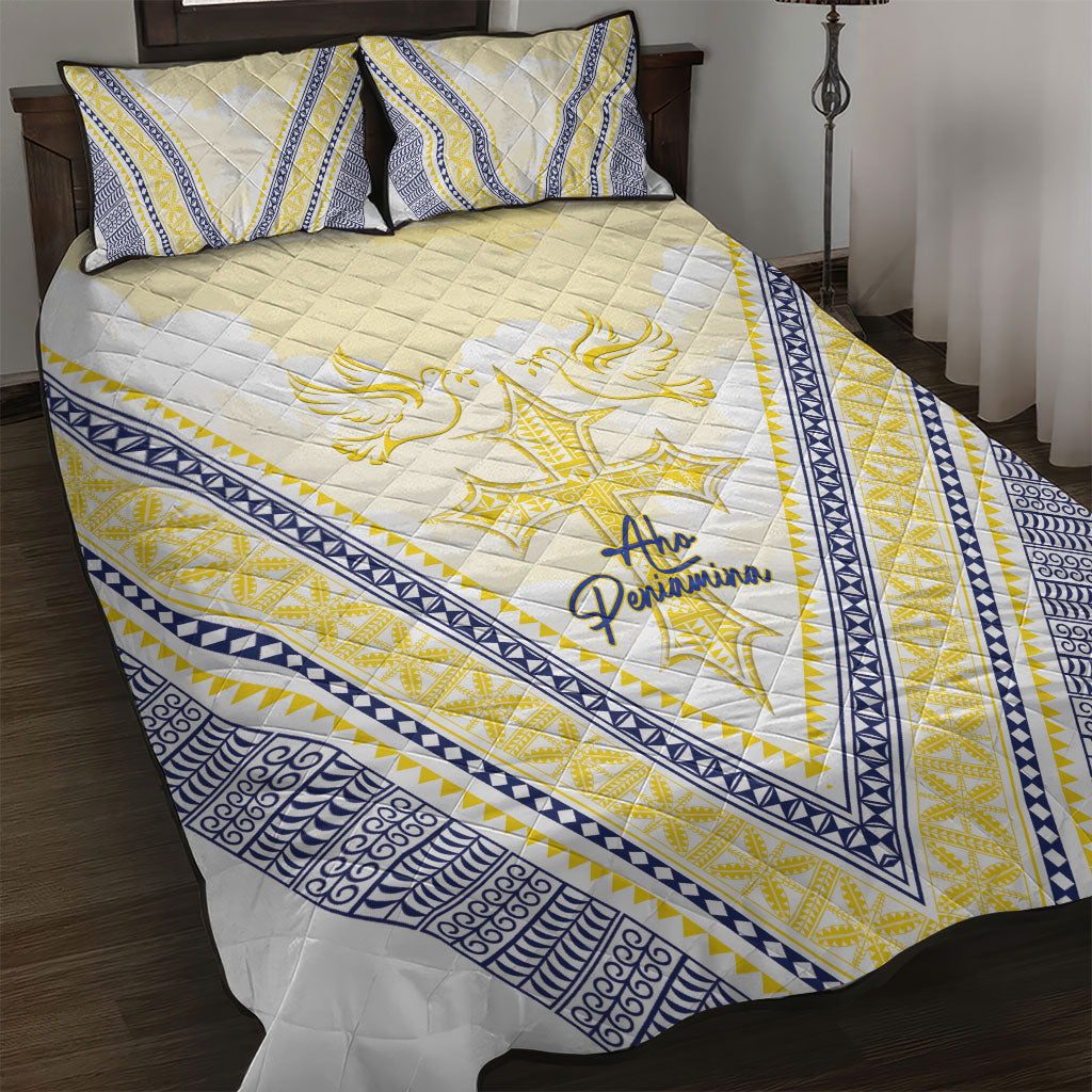 Peniamina Gospel Day Niue Quilt Bed Set Cross Dove Hiapo Pattern Yellow