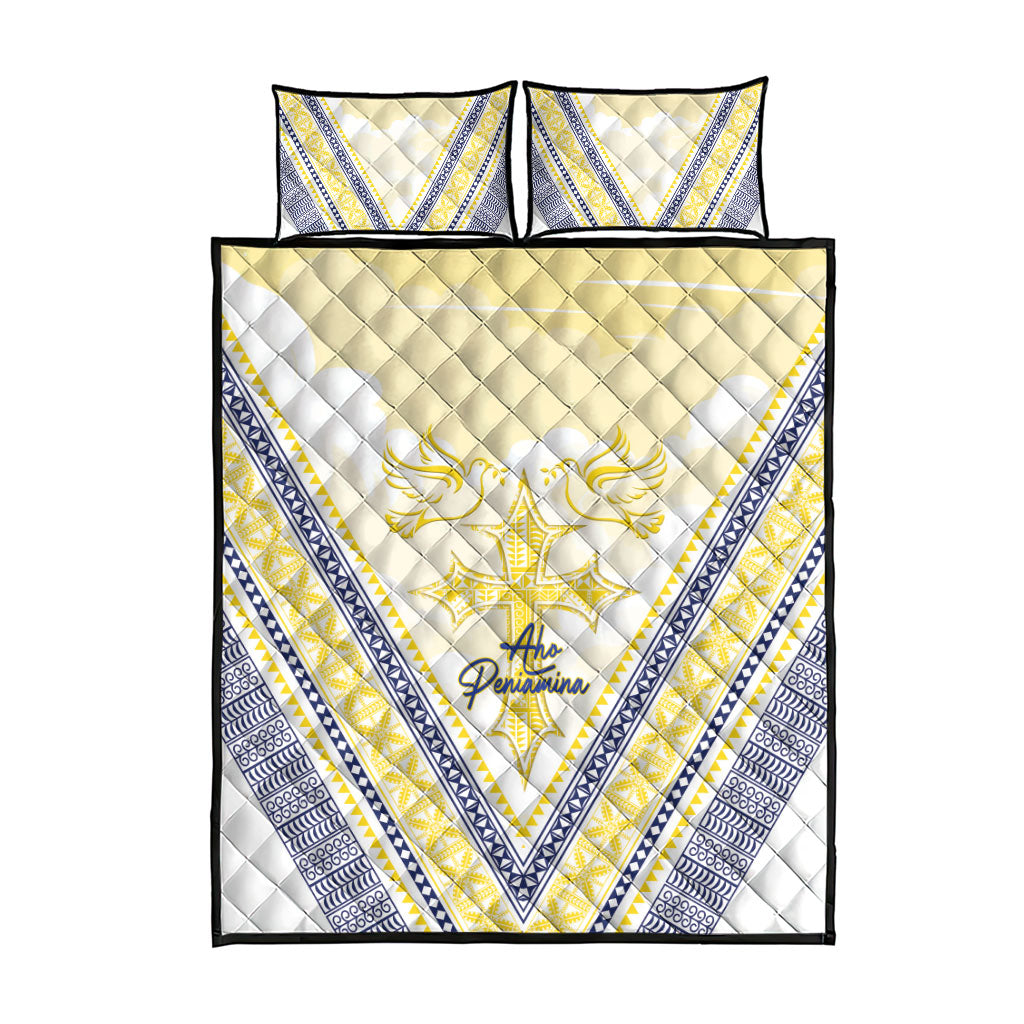 Peniamina Gospel Day Niue Quilt Bed Set Cross Dove Hiapo Pattern Yellow