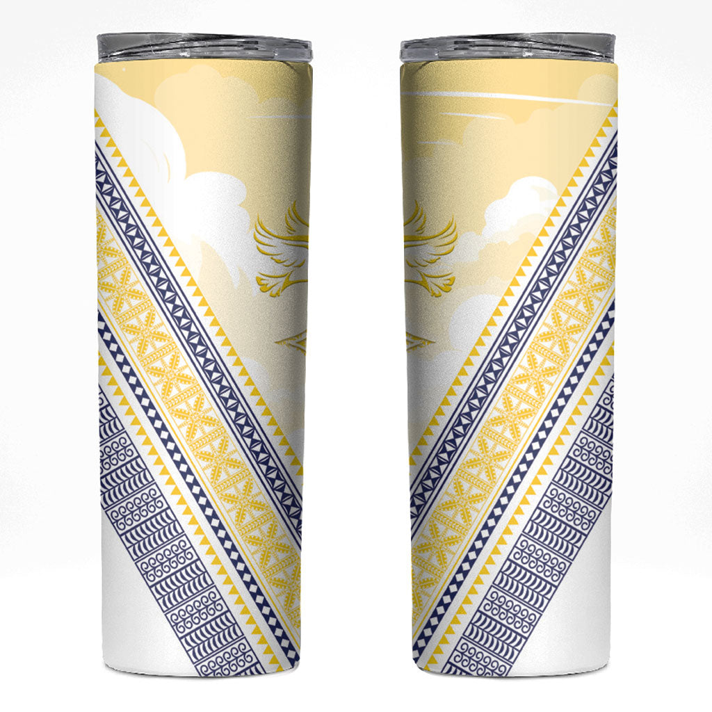 Peniamina Gospel Day Niue Skinny Tumbler Cross Dove Hiapo Pattern Yellow