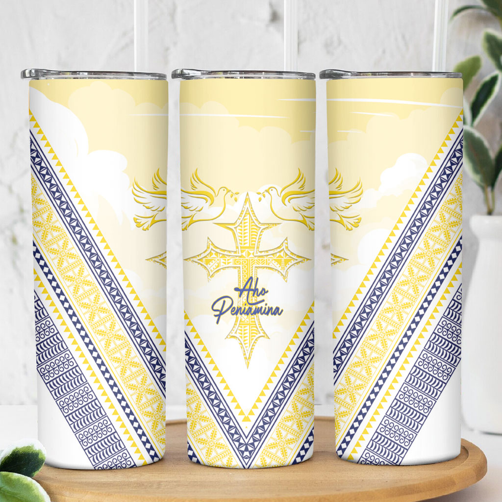 Peniamina Gospel Day Niue Skinny Tumbler Cross Dove Hiapo Pattern Yellow